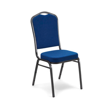 Banqueting chair with deeply padded seat, blue upholstery and silver frame.